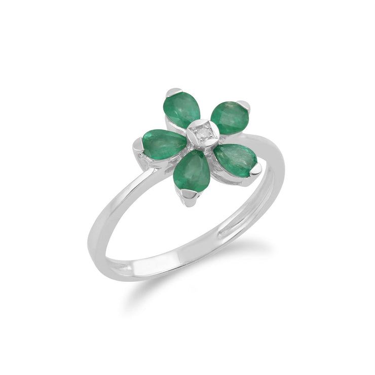Anello Gemondo con smeraldo, anello a fiore con smeraldo e diamanti in oro bianco da 9 ct da 0,76 ct