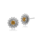 Orecchini ad anello e a bottone con margherita in stile floreale in argento 925 con citrino rotondo