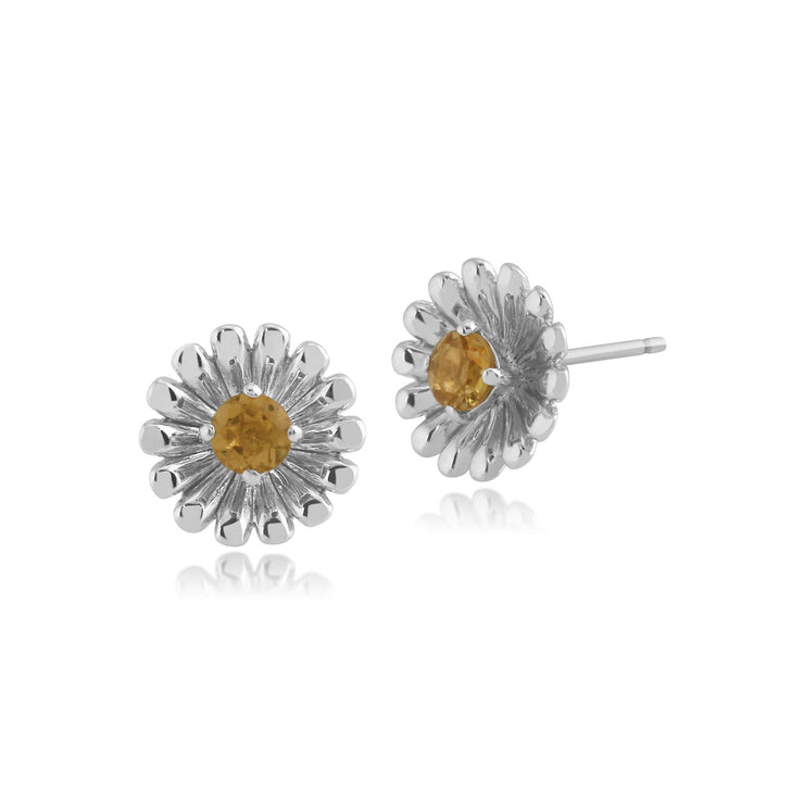 Orecchini ad anello e a bottone con margherita in stile floreale in argento 925 con citrino rotondo