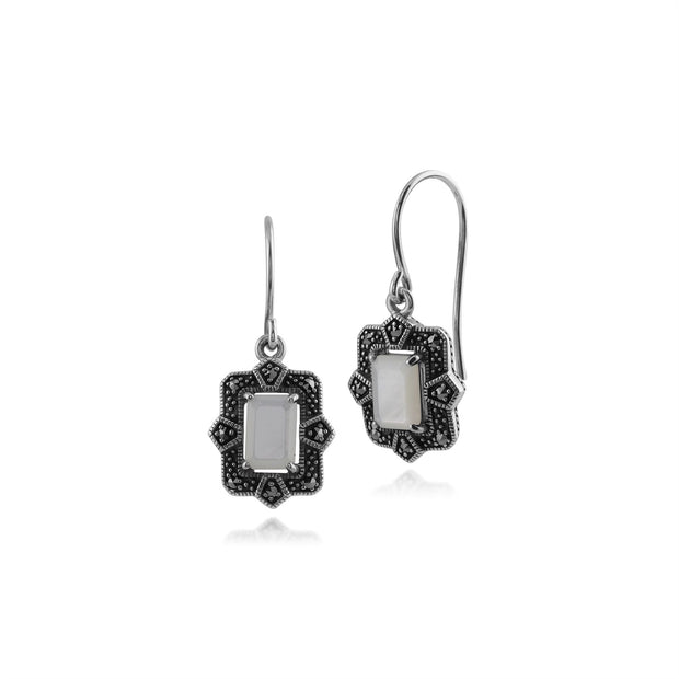 Orecchini pendenti e anello in stile Art Déco Argento 925 Madreperla Baguette e castone in marcasite