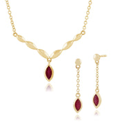 Classica collana con rubini marquise in oro giallo 375 e orecchini pendenti