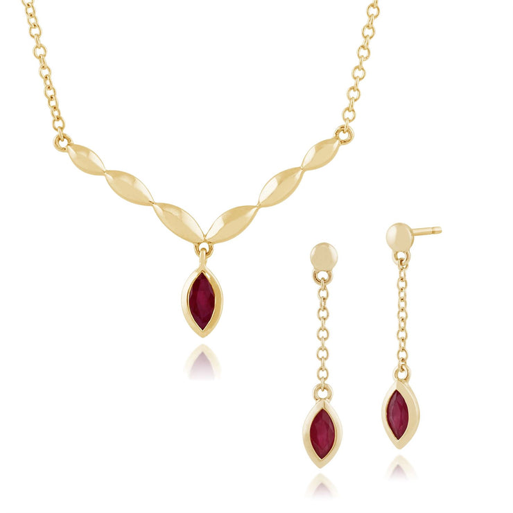 Classica collana con rubini marquise in oro giallo 375 e orecchini pendenti