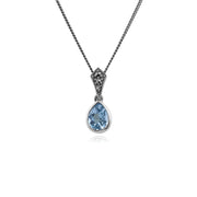 Collana in stile Art Déco Argento 925 con topazio blu e montatura a pera e marcasite