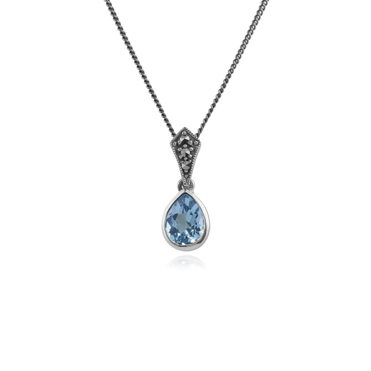 Collana in stile Art Déco Argento 925 con topazio blu e montatura a pera e marcasite