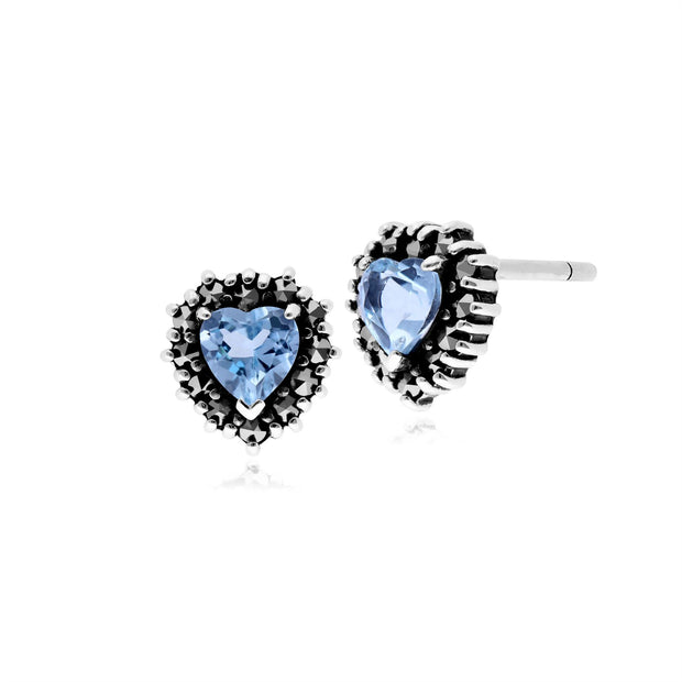Orecchini classici a cuore in argento 925 con topazio azzurro e marcasite Halo