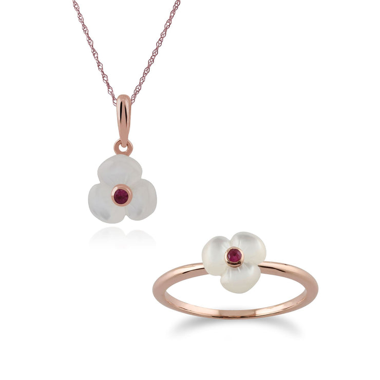 Ciondolo floreale e anello con papavero Argento 925 placcato oro rosa Rubino rotondo e madreperla