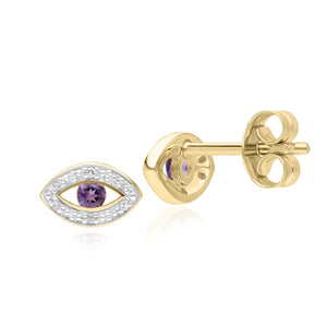 ECFEW™ Delicati Orecchini Evil Eye con ametista e diamanti in oro giallo da 9 carati