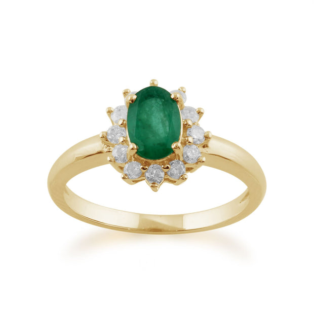 Anello Gemondo con smeraldo, anello classico a grappolo ovale in oro giallo da 9 ct con smeraldo da 0,83 ct e diamanti