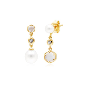 Orecchini pendenti spaiati moderni di perle, pietre di luna e topazio in argento sterling placcato oro