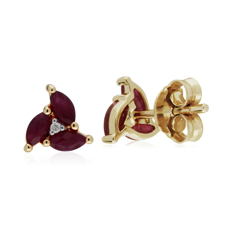 Orecchini con rubini, orecchini a bottone MARQUISE CLUSTER in oro giallo da 9 ct