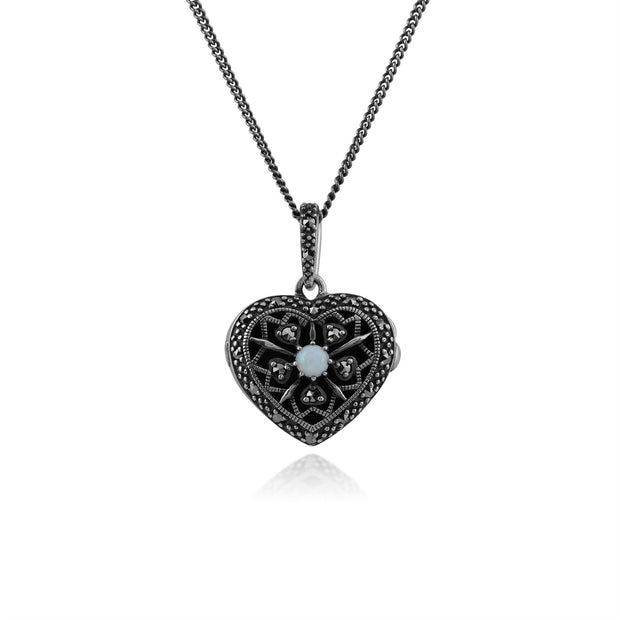 Collana cuore portafoto in stile Art Nouveau Argento 925 Opale e Marcasite