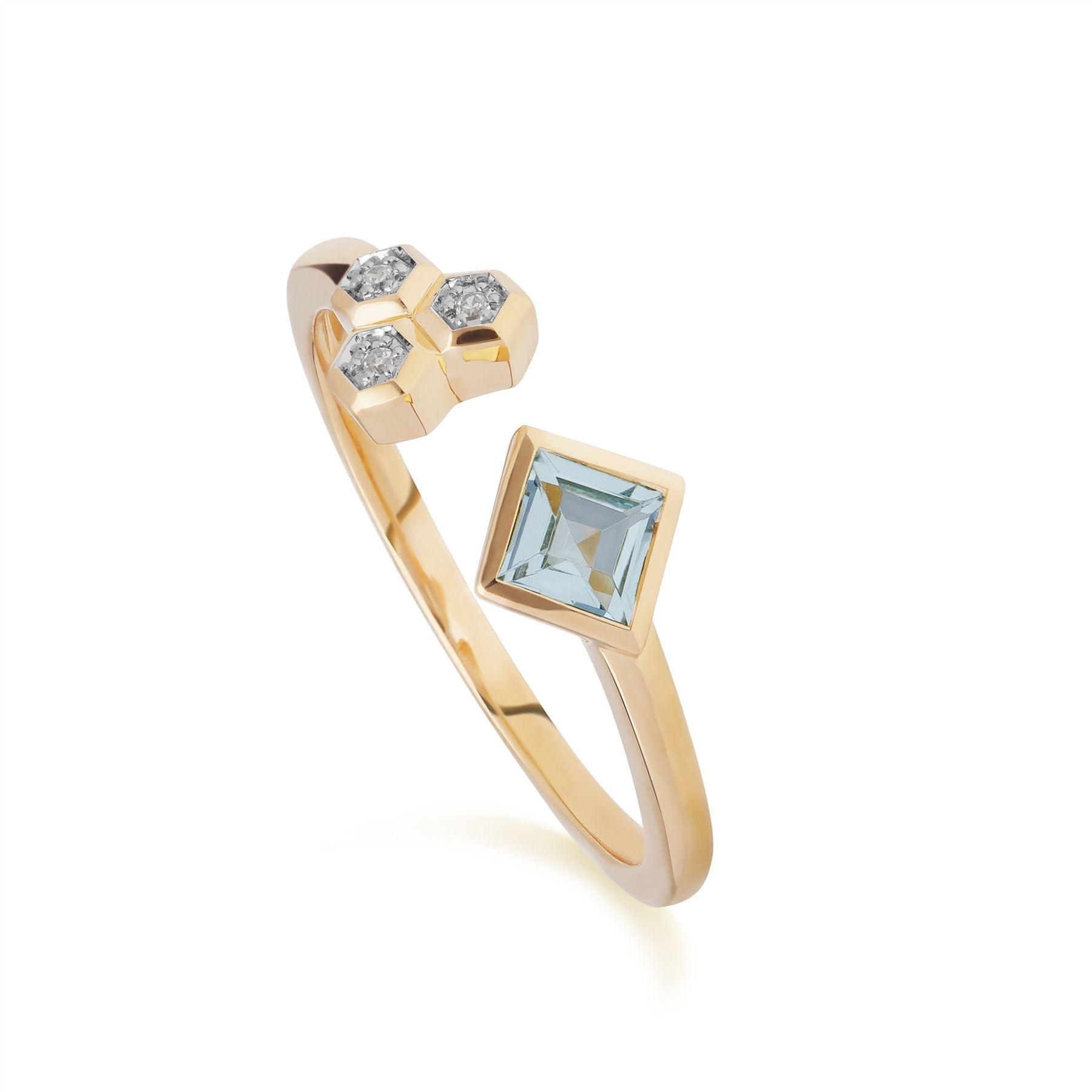 Anello aperto contemporaneo con topazio blu e diamante in oro giallo da 9 ct