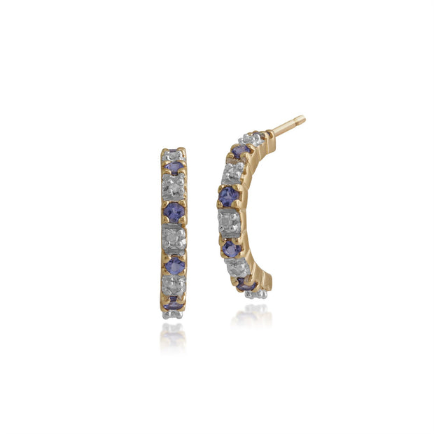 Orecchini classici a mezzo cerchio in oro giallo 375 con tanzanite rotonda e diamante