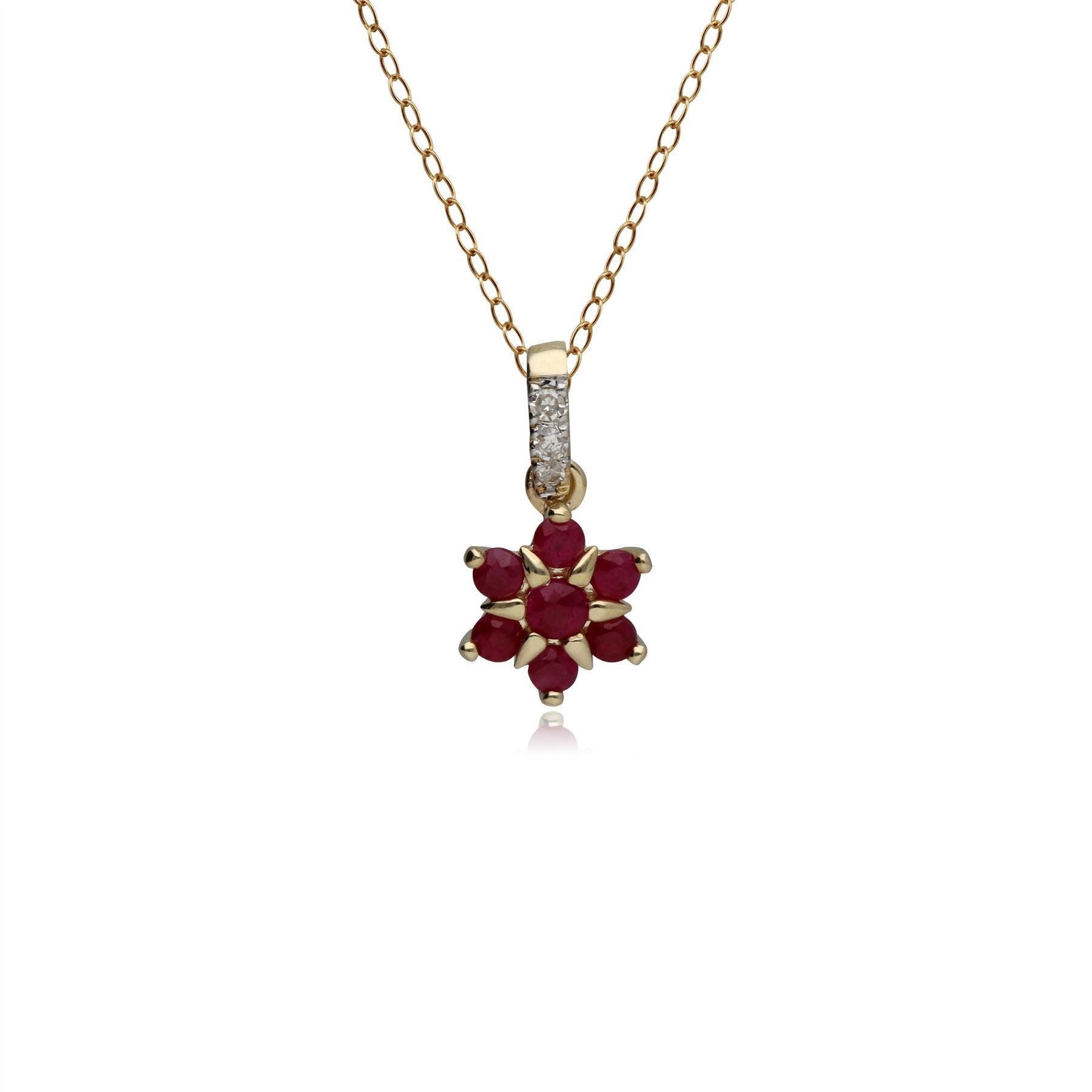 Classic Ruby & Diamond Flower Pendant in 9ct Yellow Gold