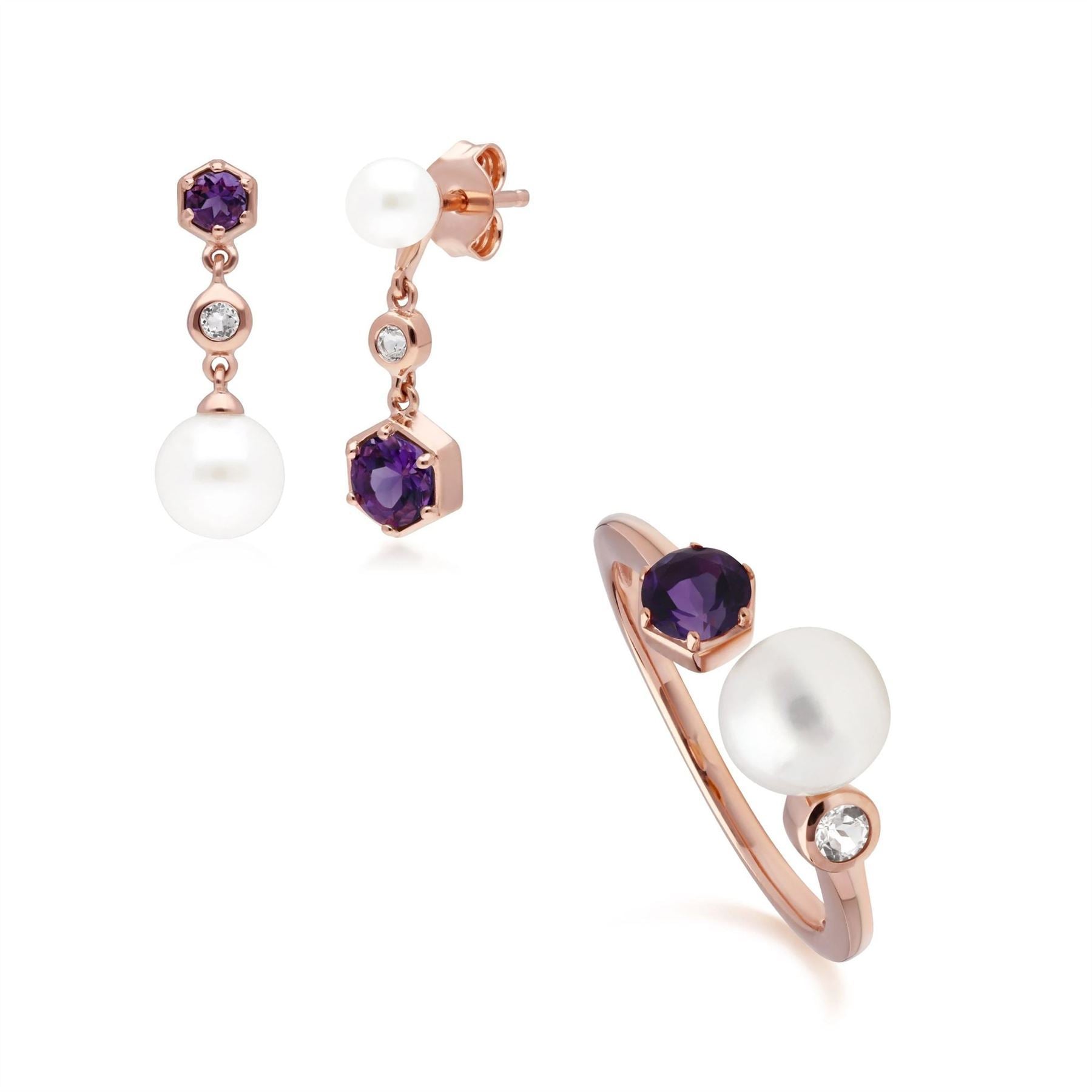 Modern Pearl, Amethyst & Topaz Earring & Ring Set in Rose Gold Plated Sterling Silver