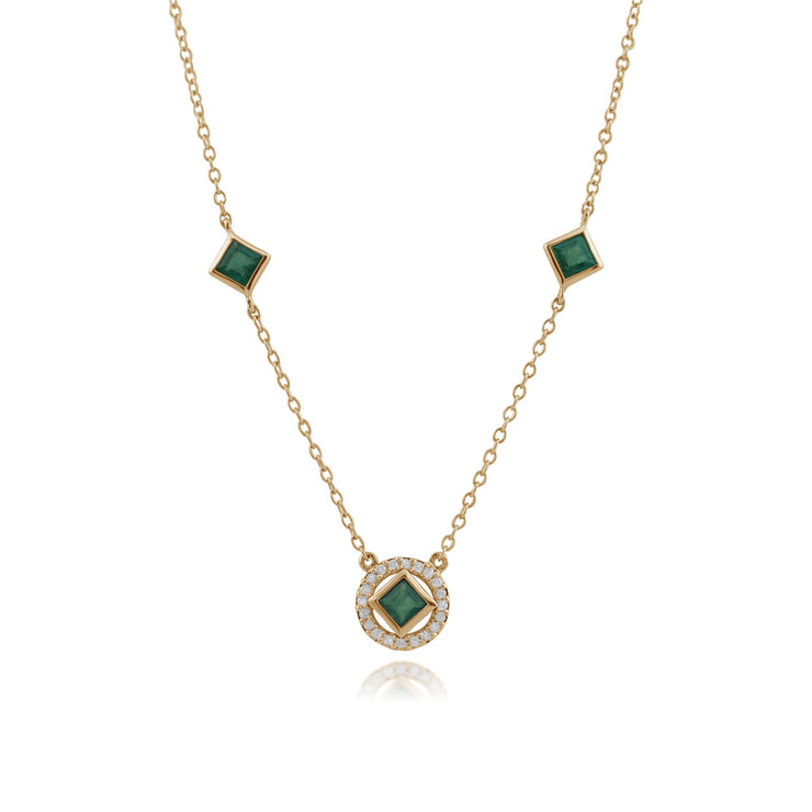 Collana e orecchini con pendente quadrato geometrico in oro giallo 375 con smeraldo e diamante