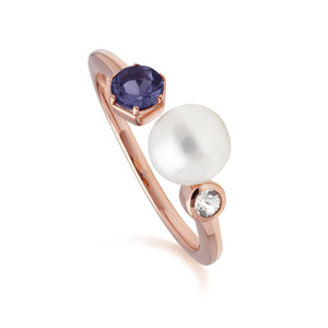 Modern Pearl, Tanzanite & Topaz Open Ring in Rose Gold Plated Sterling Silver
