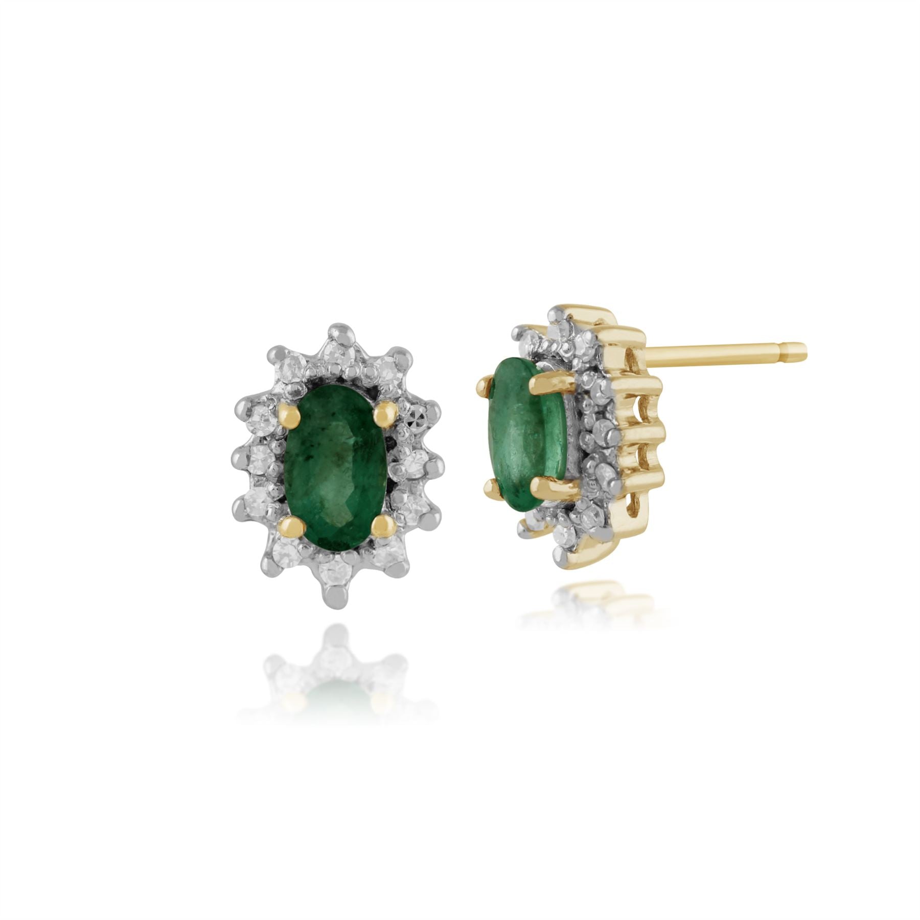 Orecchini a bottone e anello ovali classici in oro giallo 375 con smeraldi e diamanti a grappolo