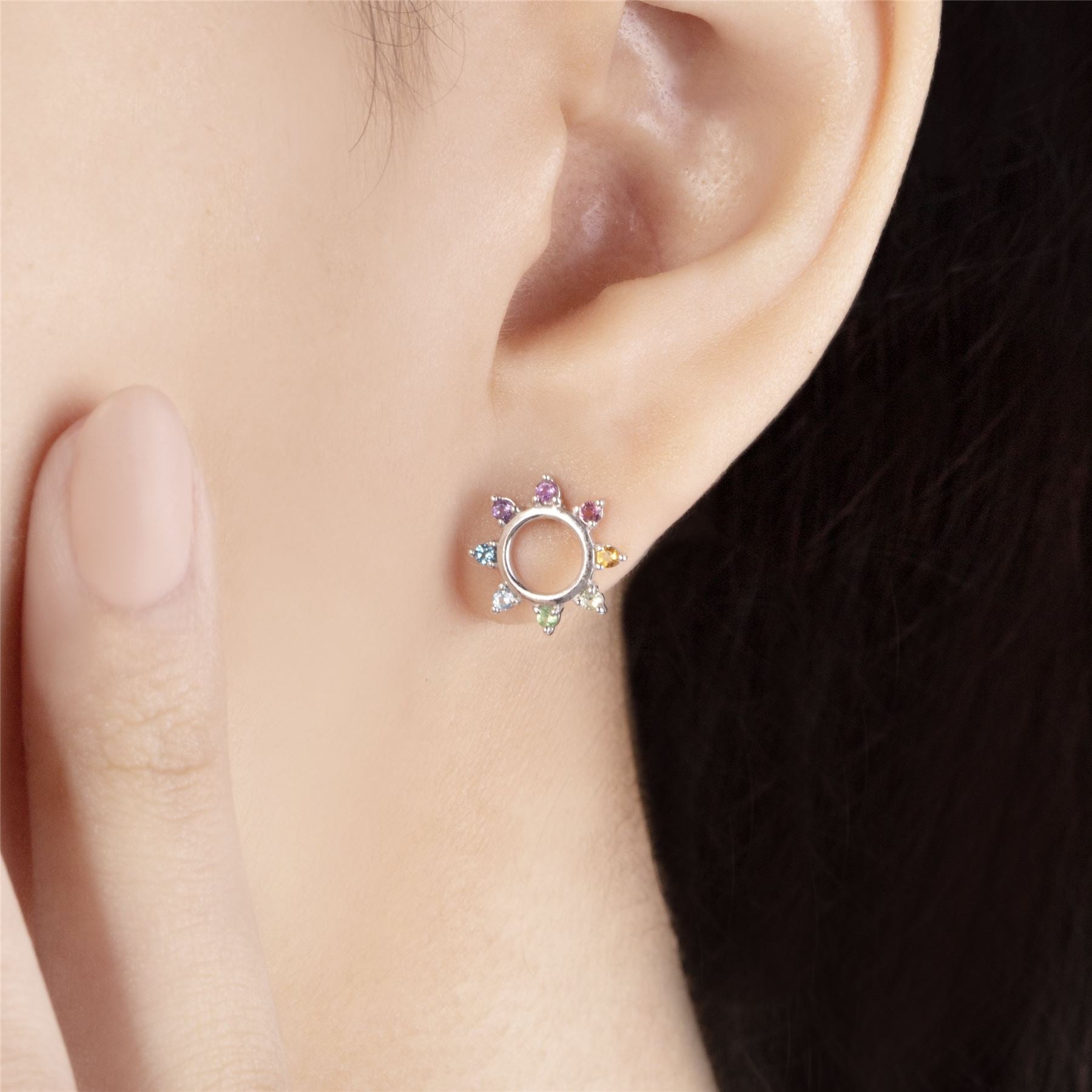 Rainbow Sunburst Stud Earrings in Sterling Silver on model