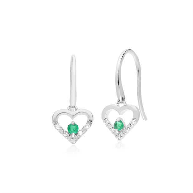 Orecchini a cuore aperto con smeraldi e diamanti unici in oro bianco da 9 ct
