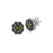 Orecchini floreali in argento 925 con peridoto e marcasite a grappolo