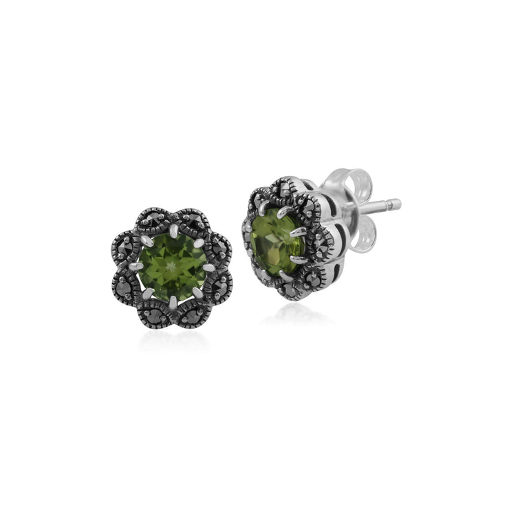 Orecchini floreali in argento 925 con peridoto e marcasite a grappolo