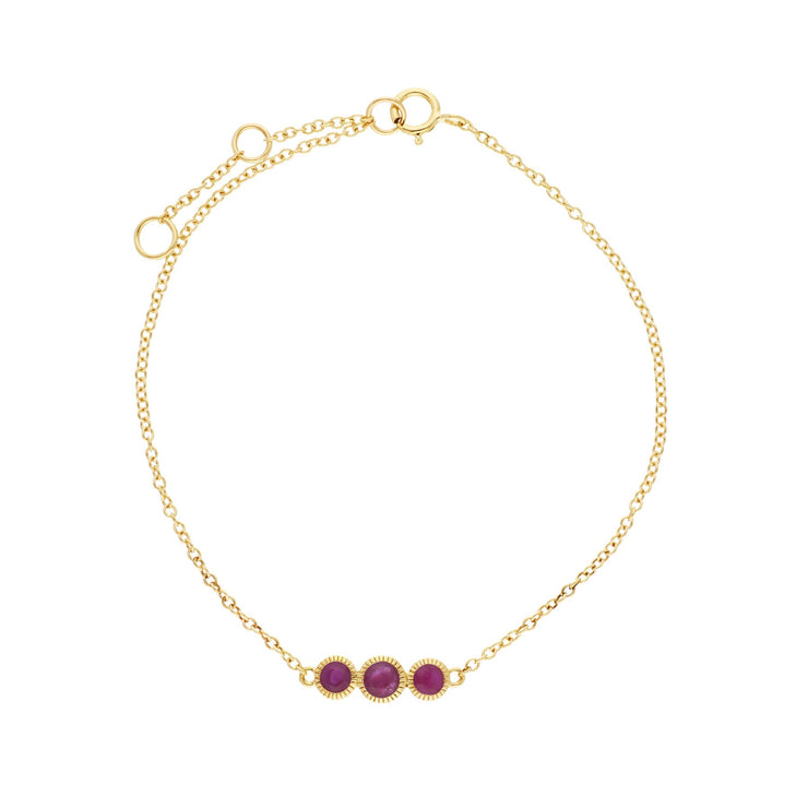Bracciale con rubini, bracciale in oro giallo da 9 ct con tripla pietra tonda Milgrain da 19 cm
