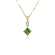 Ciondolo e orecchini classici a bottone in oro giallo 375, cuscino con peridoto e diamante