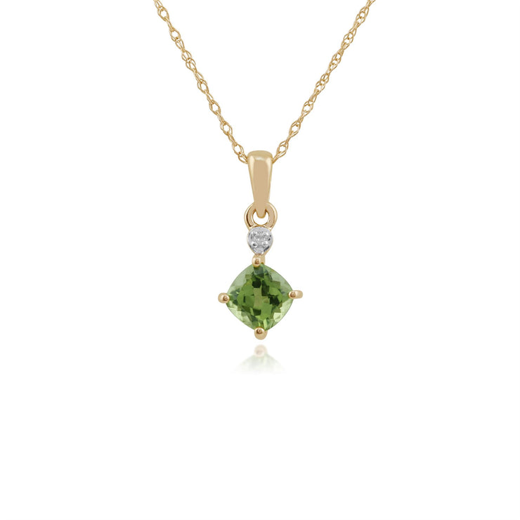 Ciondolo e orecchini classici a bottone in oro giallo 375, cuscino con peridoto e diamante
