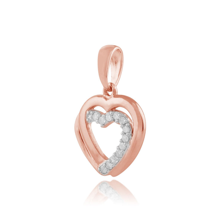 Ciondolo classico a doppio cuore e orecchini pendenti in oro rosa 375 con diamante rotondo