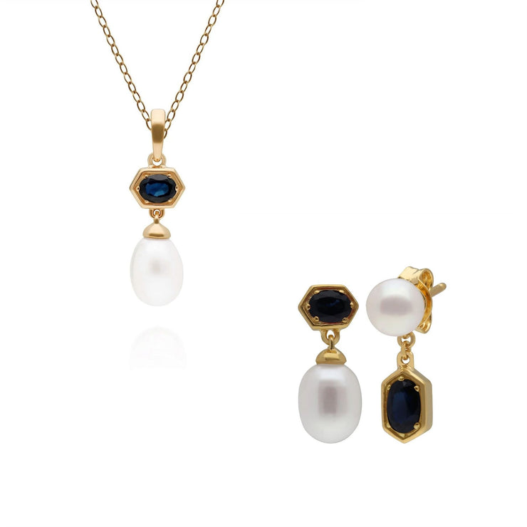 Orecchini a lobo e pendente con perla moderna Argento 925 placcato oro giallo Zaffiro e perla