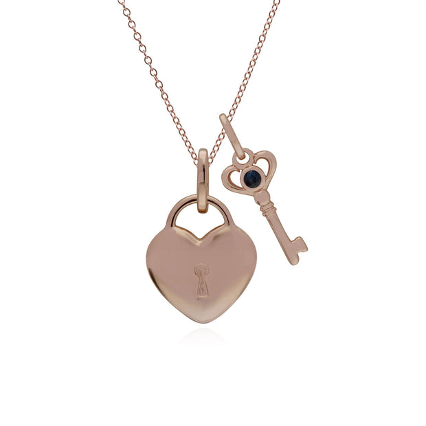 Ciondolo classico con lucchetto a cuore in argento 925 placcato oro rosa e ciondoli con chiave in zaffiro