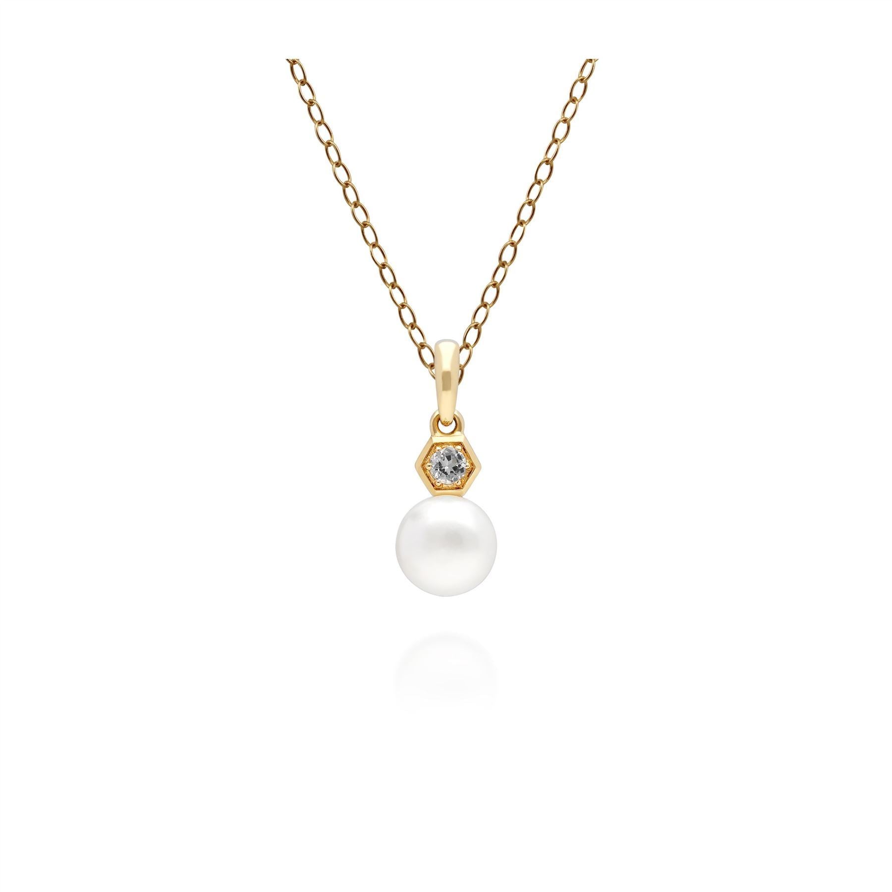 Pendente con catena moderno con perla e topazio bianco in oro giallo da 9 ct