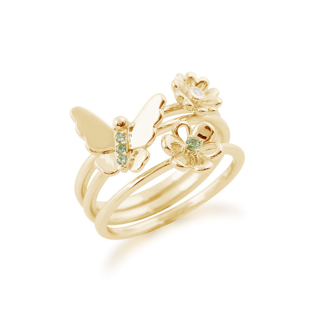 Set di tre anelli floreali impilabili in oro giallo 375 con peridoto e diamanti, farfalla e fiori