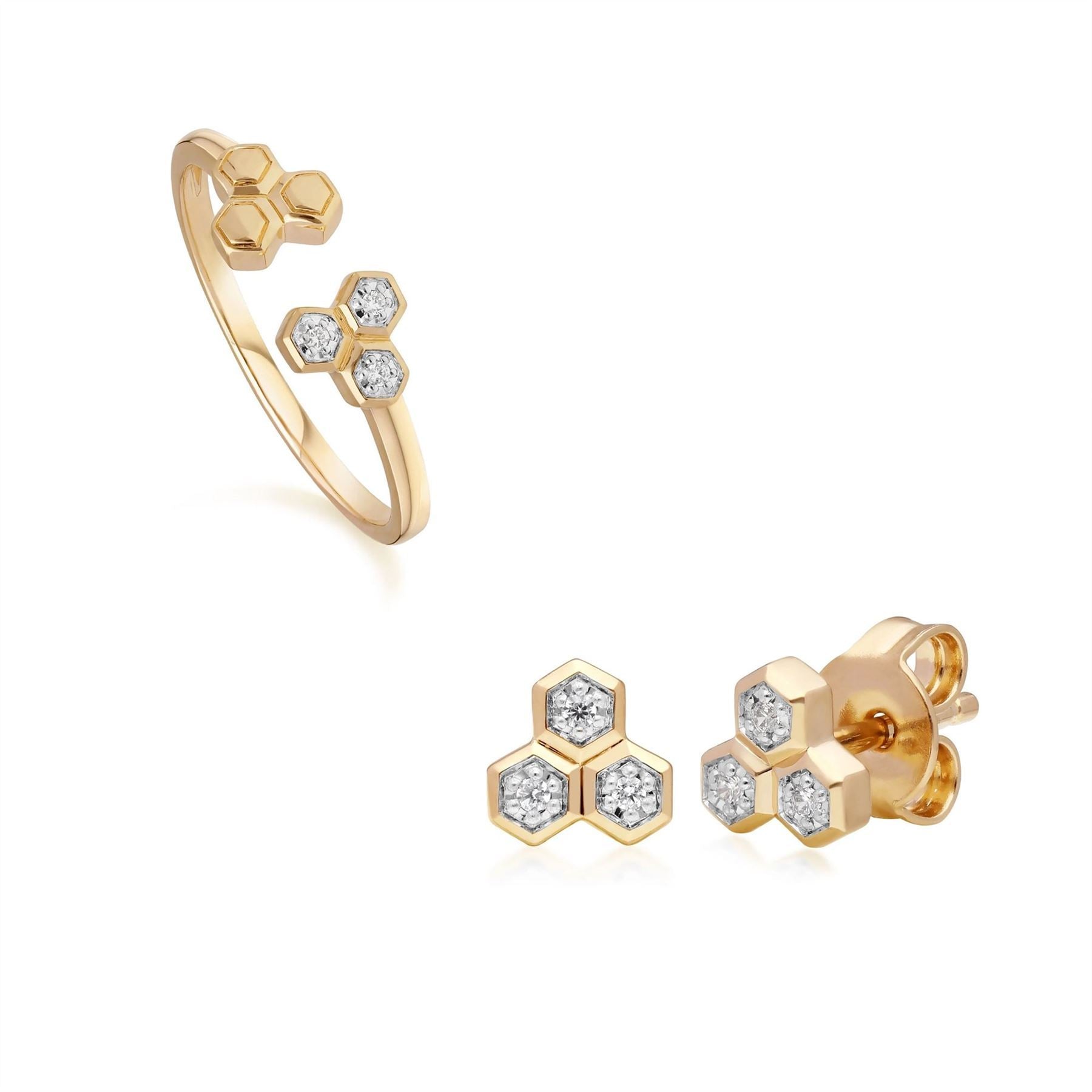 Diamond Trilogy Ring & Stud Earring Set in 9ct Yellow Gold