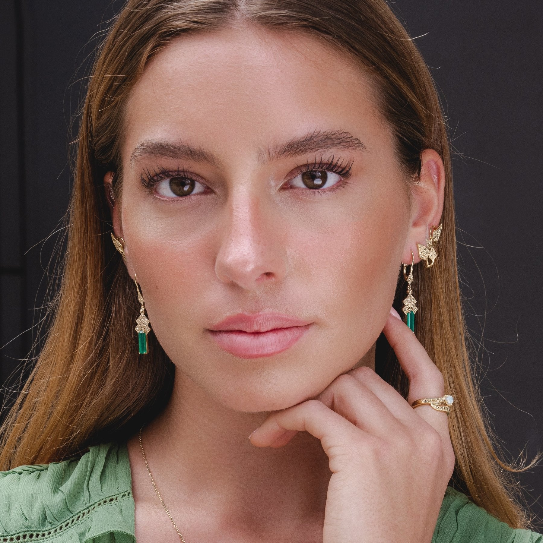 Art Deco Inspired Dyed Green Chalcedony & Marcasite Drop Earrings in 18ct Gold Plated Silver