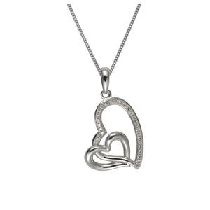 Contemporary Style Round Diamond Double Heart Pendant & Chain in 375 White Gold 