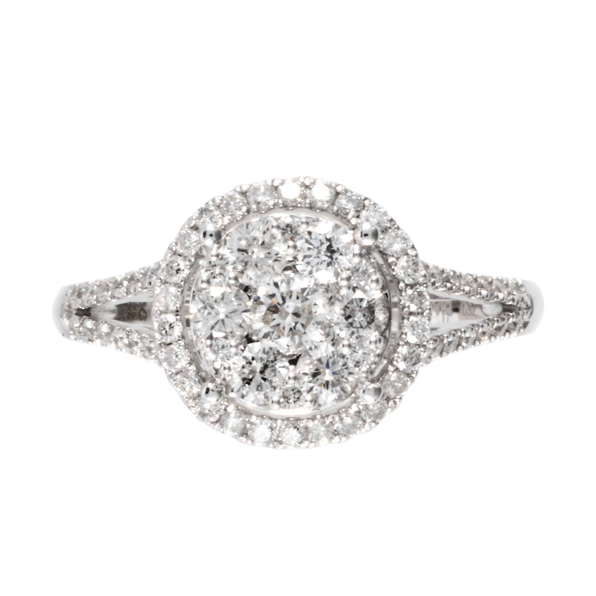 Classic Round Diamond Split Shank Halo Cluster Ring in 18ct White Gold