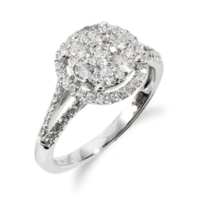 Classic Round Diamond Split Shank Halo Cluster Ring in 18ct White Gold