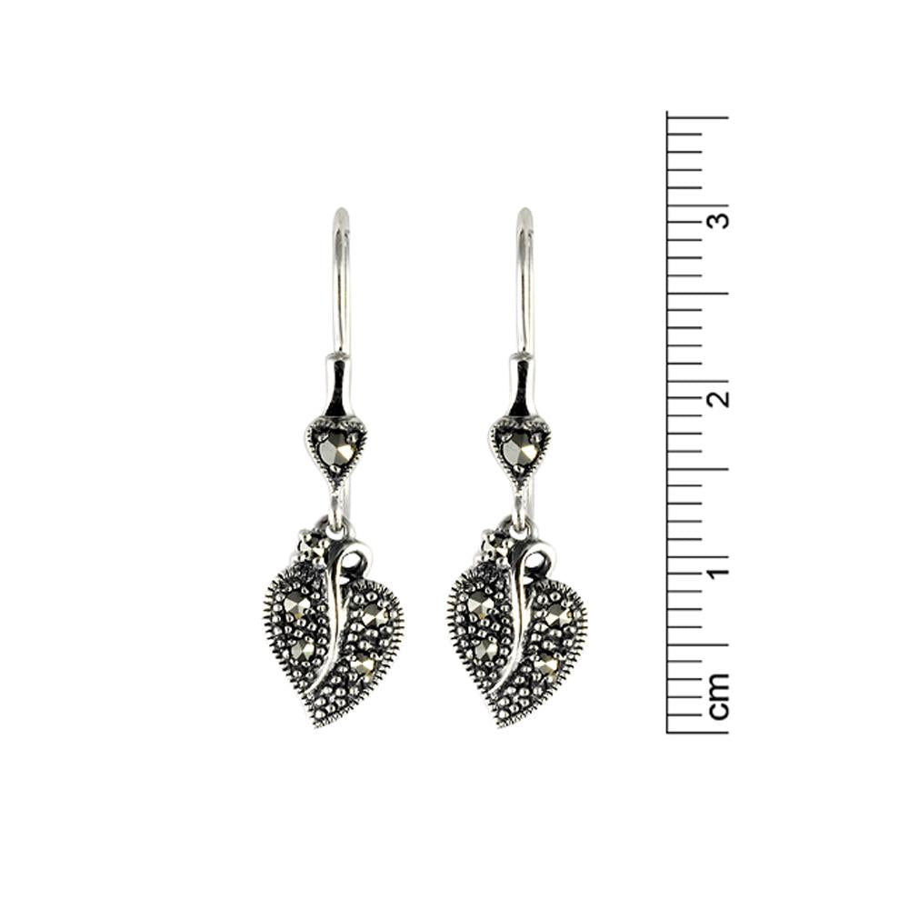 Art Nouveau Style Round Marcasite Leaf Drop Earrings in 925 Sterling Silver